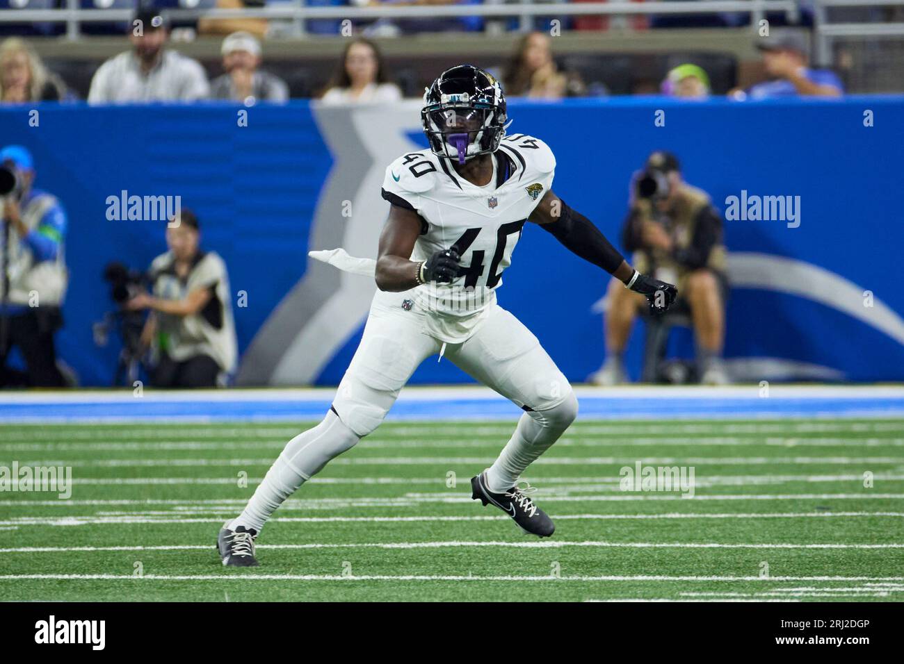 Jacksonville Jaguars cornerback Erick Hallett (40) pursues a play on  defense against the Detroit Lions during an NFL pre-season football game,  Saturday, Aug. 19, 2023, in Detroit. (AP Photo/Rick Osentoski Stock Photo 