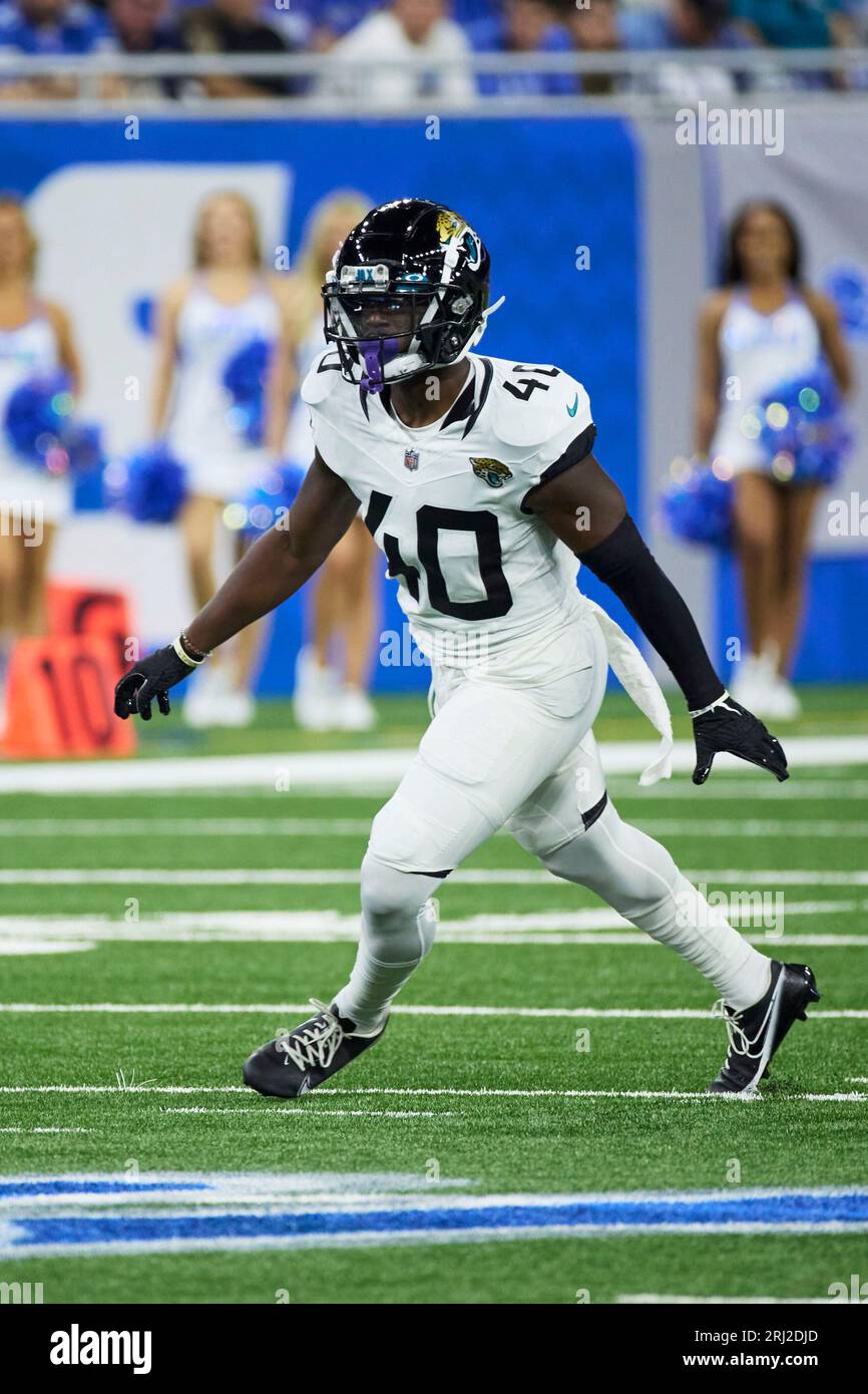 Jacksonville Jaguars cornerback Erick Hallett (40) pursues a play on  defense against the Detroit Lions during an NFL pre-season football game,  Saturday, Aug. 19, 2023, in Detroit. (AP Photo/Rick Osentoski Stock Photo 