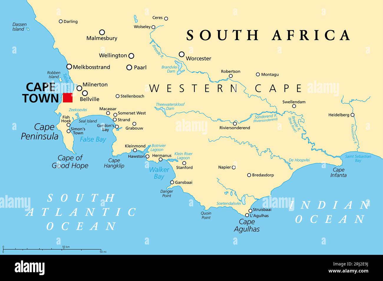 Cape of Good Hope, a region in South Africa, political map. From Cape Town and Cape Peninsula, a headland on the South Atlantic coast, to Cape Agulhas. Stock Photo