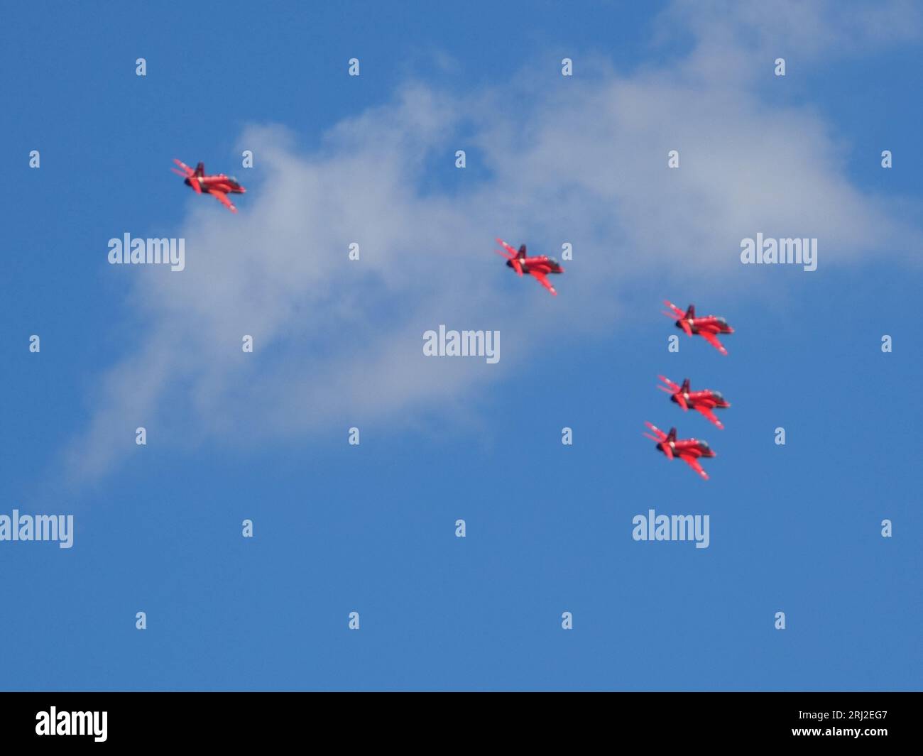 Leysdown, Kent, UK. 20th Aug, 2023. The Red Arrows seen over Leysdown as they transited to and from Southend on sea airport to service the Eastbourne Air Show this evening. Credit: James Bell/Alamy Live News Stock Photo