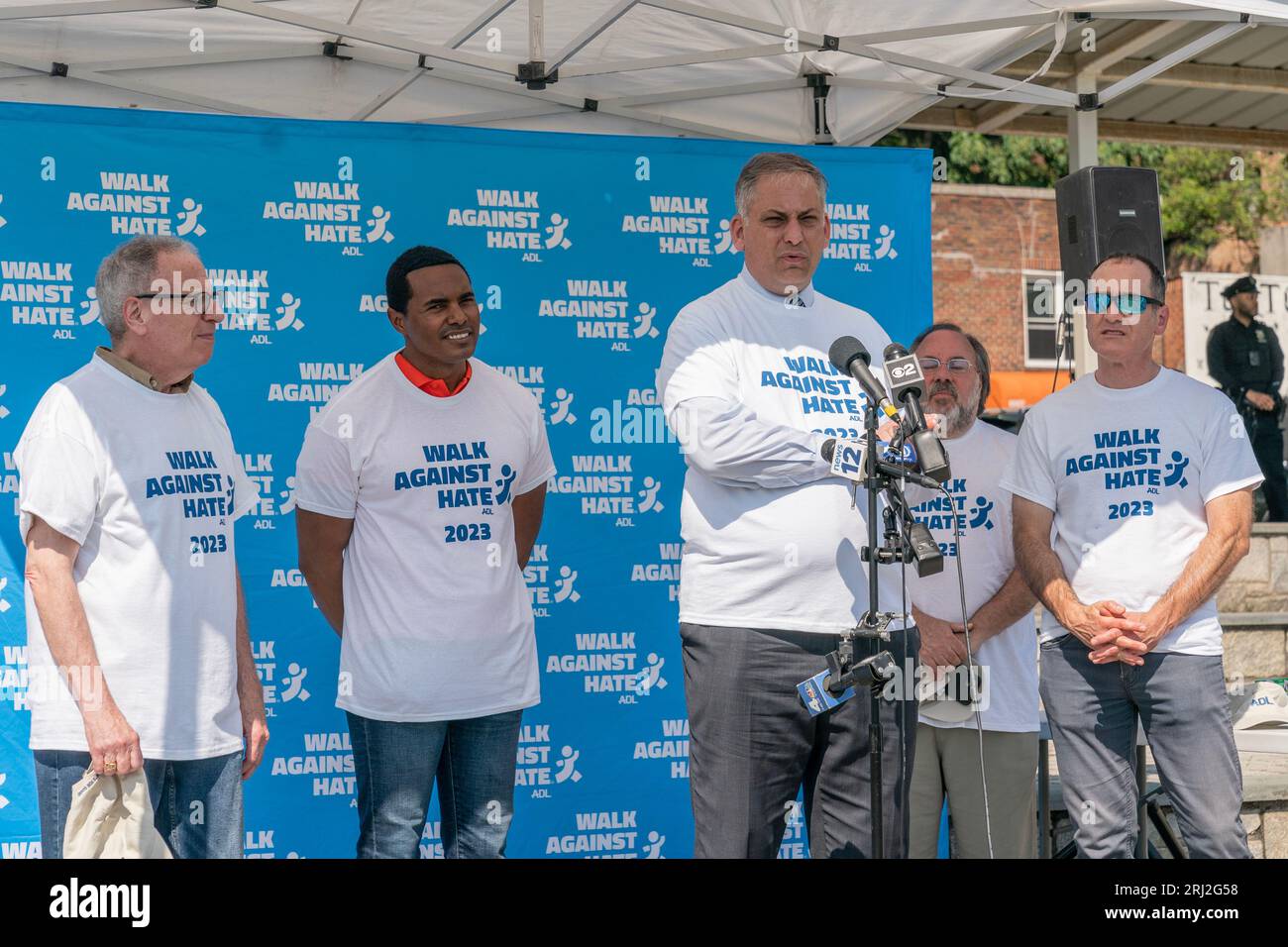 Israel Nitzan, Acting Consul General of Israel speaks at the rally before attending Anti-Defamation League annual Walk Against Hate in Van Cortland Park in New York on August 20, 2023 Stock Photo
