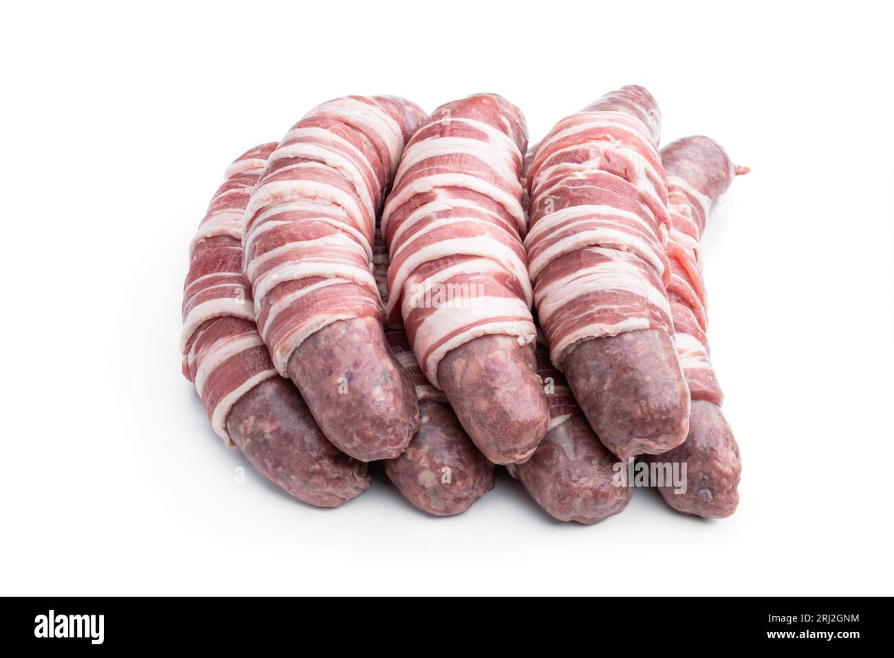 Sausages  wrapped in bacon isolated on white background Stock Photo
