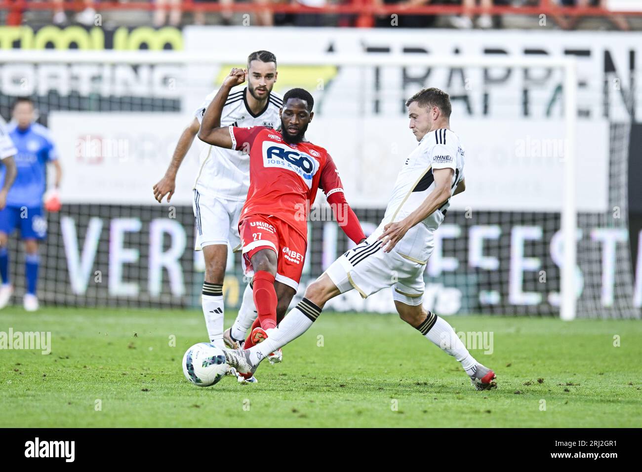 Kortrijk, Belgium. 20th Aug, 2023. Kortrijk's Abdoulaye Sissako and Eupen's Alfred Finnbogason pictured in action during a soccer match between KV Kortrijk and KAS Eupen, Sunday 20 August 2023 in Kortrijk, on day 4/30 of the 2023-2024 'Jupiler Pro League' first division of the Belgian championship. BELGA PHOTO TOM GOYVAERTS Credit: Belga News Agency/Alamy Live News Stock Photo