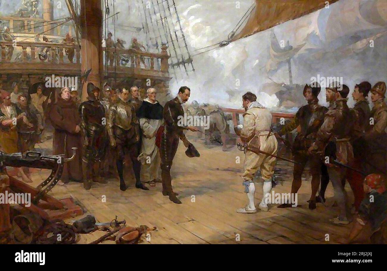 Admiral Pedro de Valdés surrendering his sword to Francis Drake aboard Revenge during the attack of the Spanish Armada, 1588. Oil on canvas by John Seymour Lucas (1889) Stock Photo