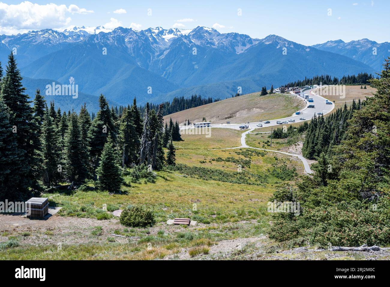 Distant view of fire-damaged visitor center on Hurricane Ridge in ...