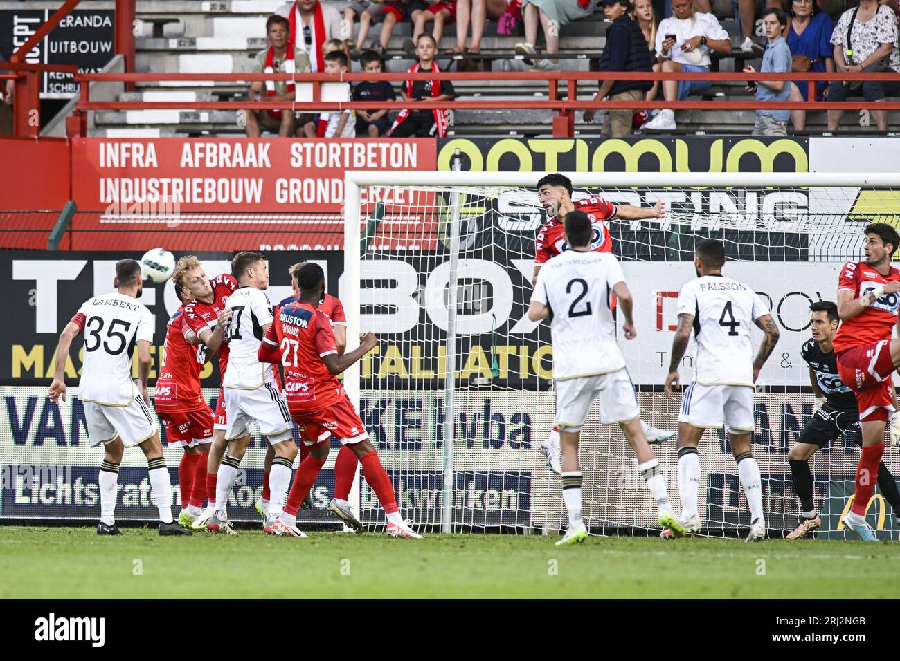 Kortrijk, Belgium. 20th Aug, 2023. Kortrijk's Dion De Neve and Eupen's Alfred Finnbogason pictured in action during a soccer match between KV Kortrijk and KAS Eupen, Sunday 20 August 2023 in Kortrijk, on day 4/30 of the 2023-2024 'Jupiler Pro League' first division of the Belgian championship. BELGA PHOTO TOM GOYVAERTS Credit: Belga News Agency/Alamy Live News Stock Photo