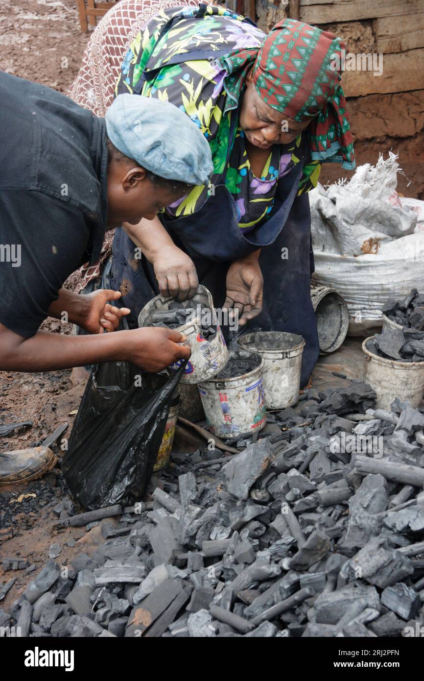 Citizens of Kibera slum trading charcoal, Nairobi, Kenya. Stock Photo