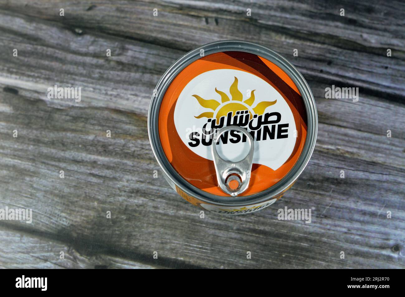 Giza, Egypt, August 12 2023 Sunshine Tuna Single Piece easy open, Tuna is rich in proteins and