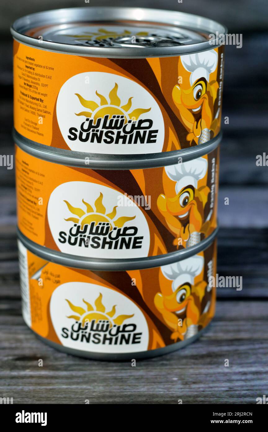 Giza, Egypt, August 12 2023 Sunshine Tuna Single Piece easy open, Tuna is rich in proteins and