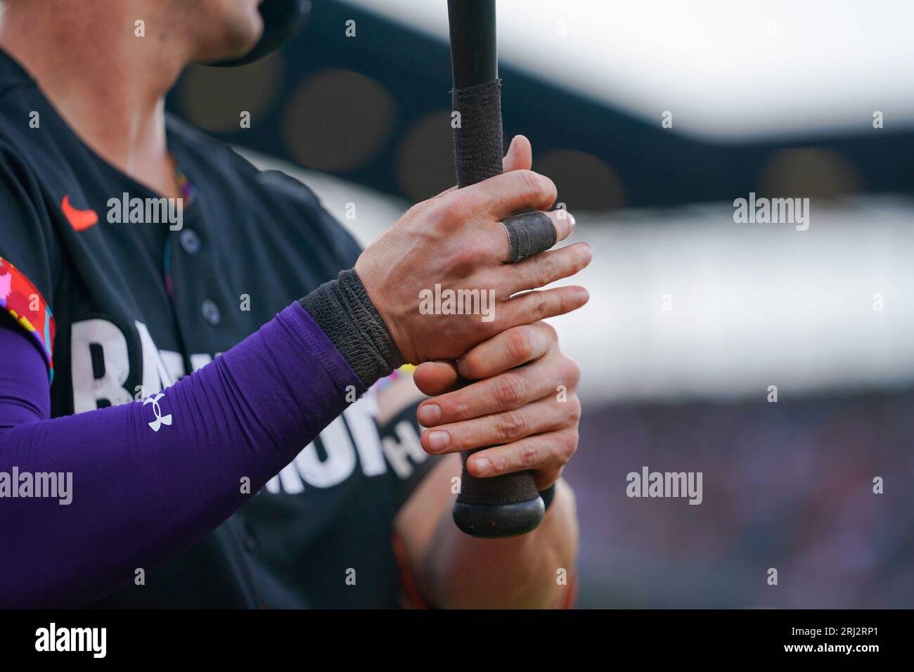 Baltimore Orioles' Austin Hays, who doesn't wear batting gloves, waits