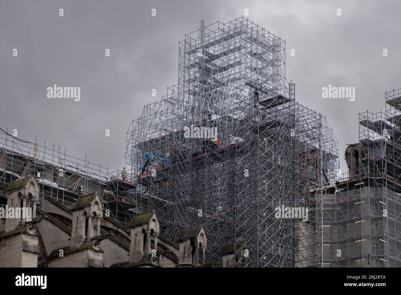 Notre Dame construction site. Four years after the cathedral burnt down, the restoration work has come a long way. Stock Photo