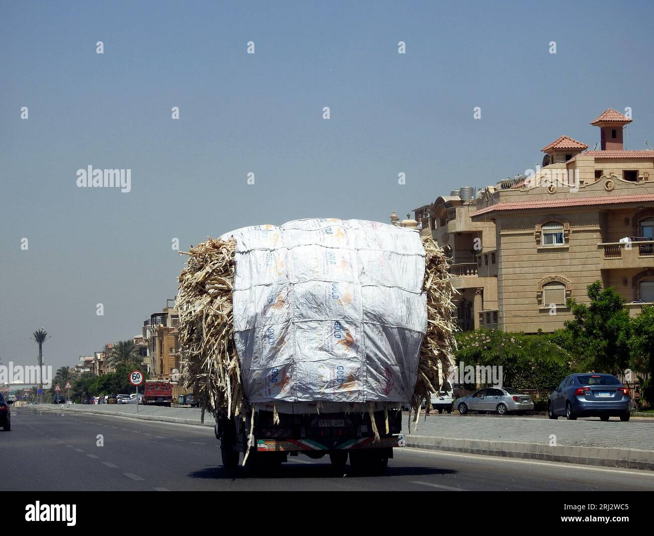 Cairo, Egypt, July 29 2023: Transporting sugarcane wastes such as bagasse, molasses, cane trash, filter mud and vinasse that used in commercial produc Stock Photo