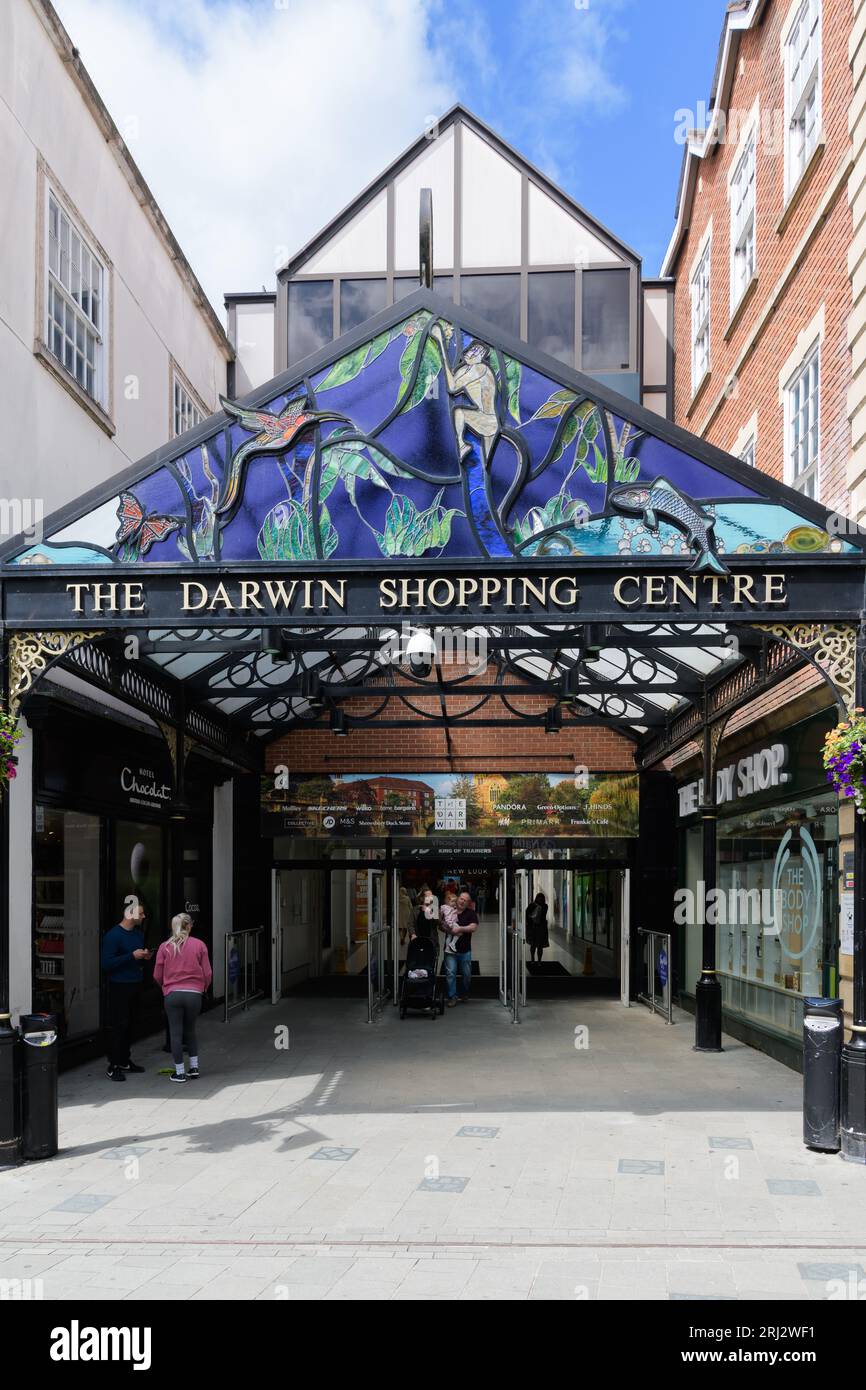 Shrewsbury, UK - July 19, 2023; Shrewsbury Pride Hill entrance to The Darwin Shopping Centre Stock Photo