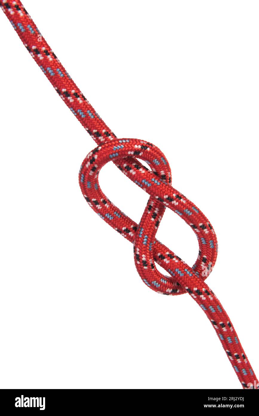 a knotted red climbing rope on a transparent background Stock