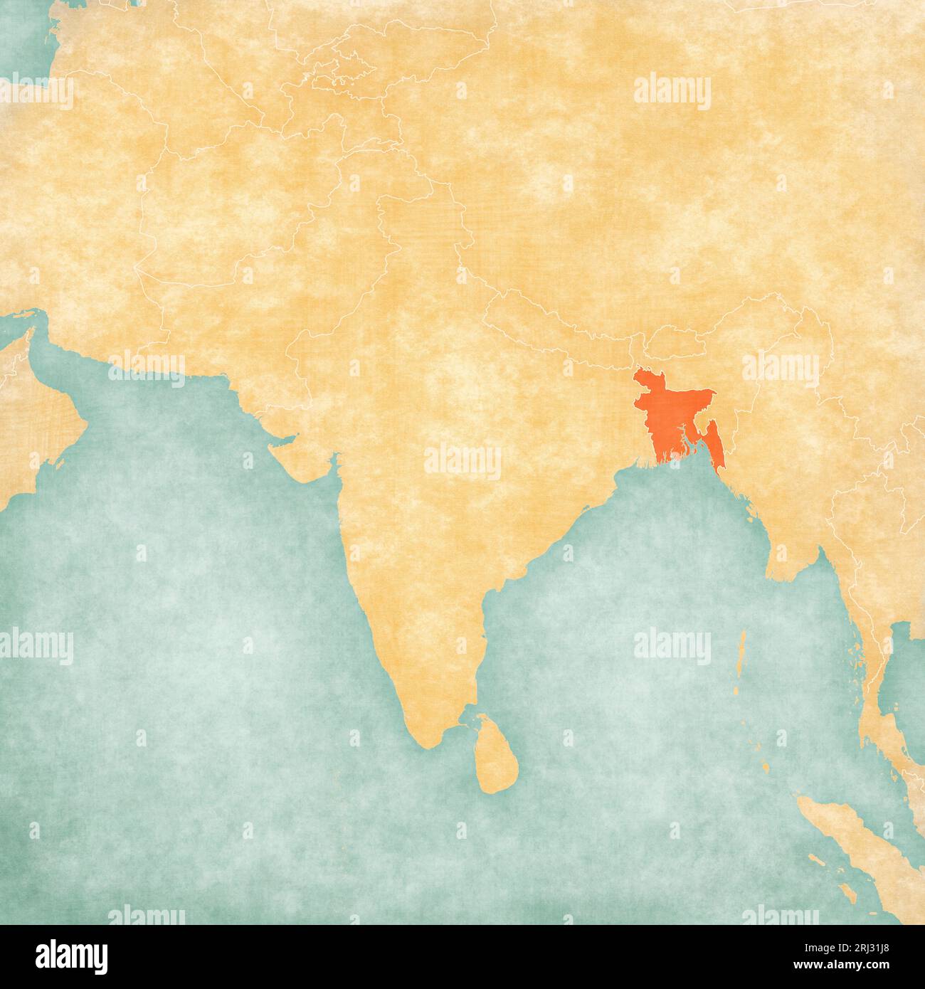 Bangladesh on the map of South Asia in soft grunge and vintage style ...