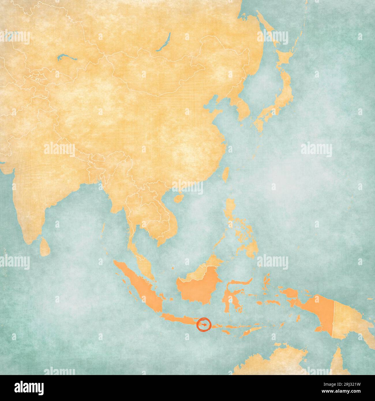 Bali, Indonesia on the map of East and Southeast Asia in soft grunge and  vintage style, like old paper with watercolor painting Stock Photo - Alamy