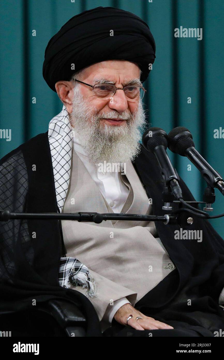 Tehran, Iran. 20th Aug, 2023. Iranian Leader Ayatollah ALI KHAMENEI speaks during a meeting in