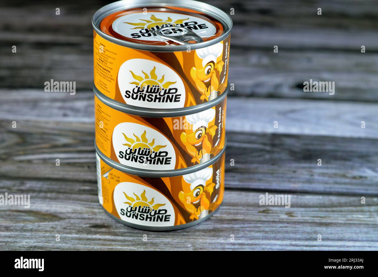 Giza, Egypt, August 12 2023 Sunshine Tuna Single Piece easy open, Tuna is rich in proteins and