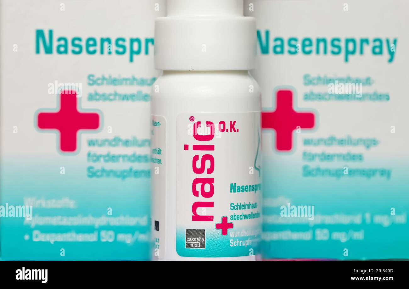 Viersen, Germany July 9. 2023 Closeup of Nasic decongestant nasal