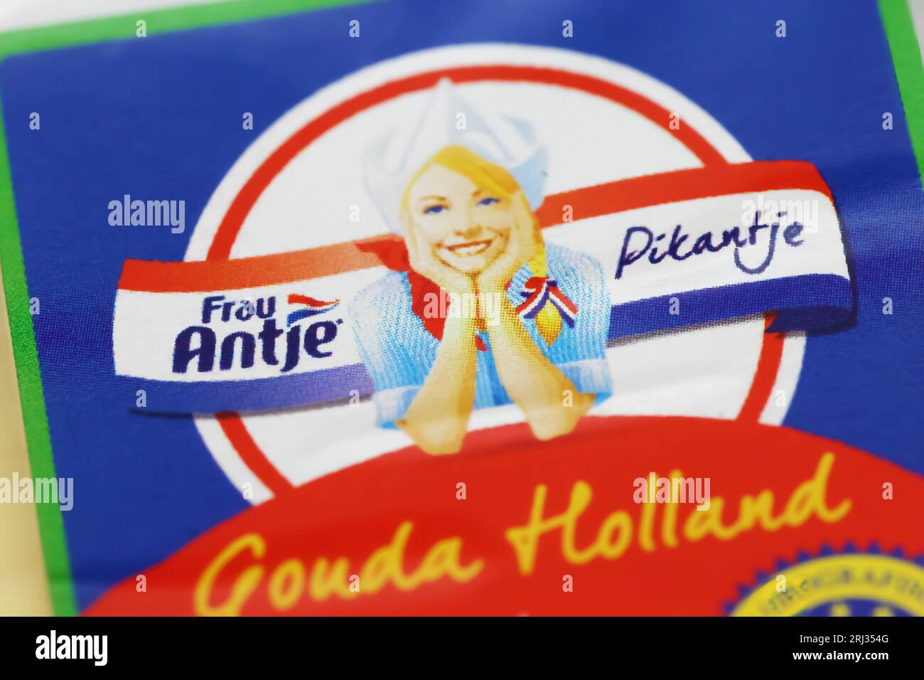 Viersen, Germany - July 9. 2023: Closeup of dutch promotional art figure Frau Antje Pikantje on gouda cheese package Stock Photo