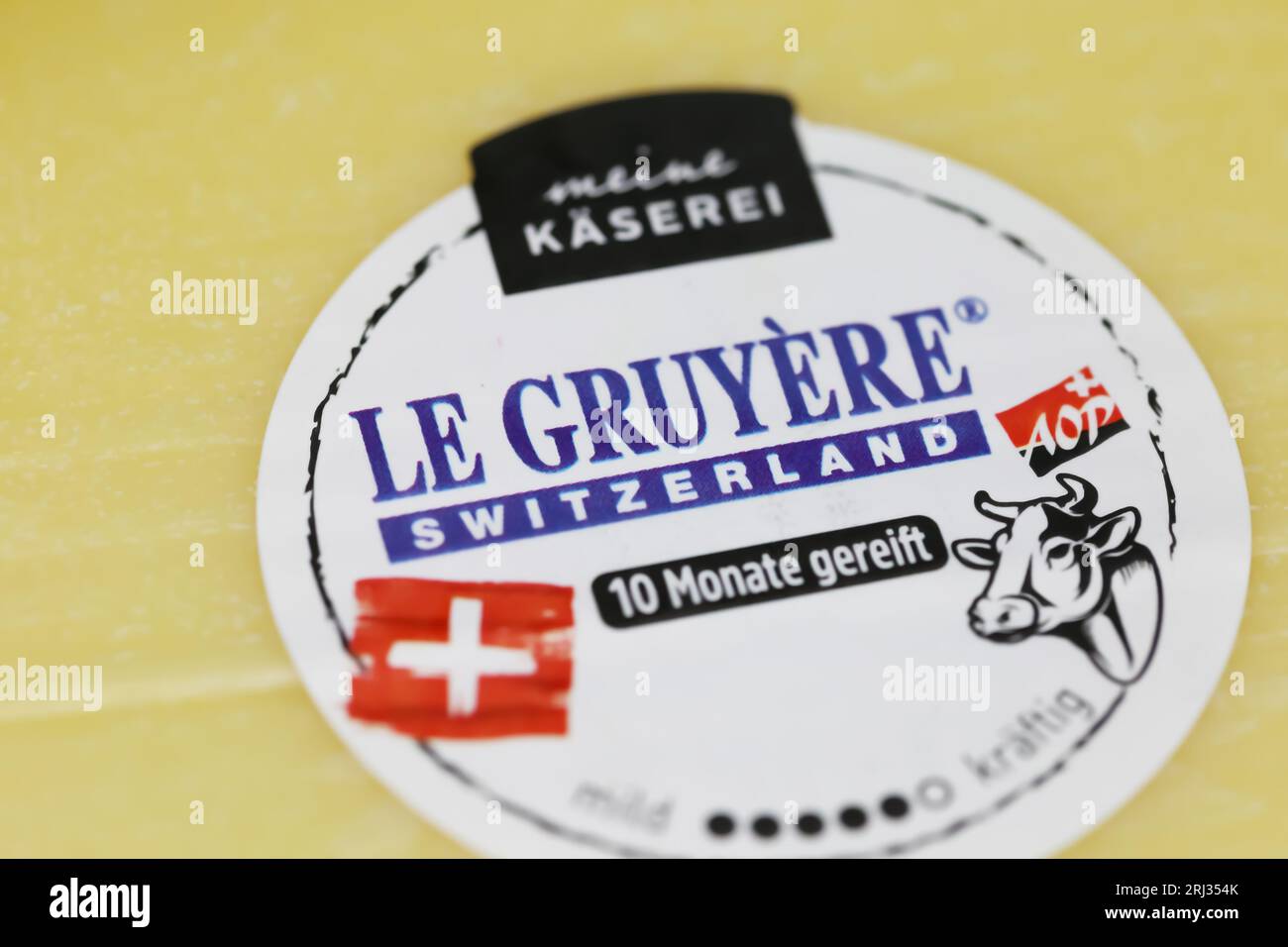Viersen, Germany - July 9. 2023: Closeup of  package swiss Le Gruyere hard cheese Stock Photo