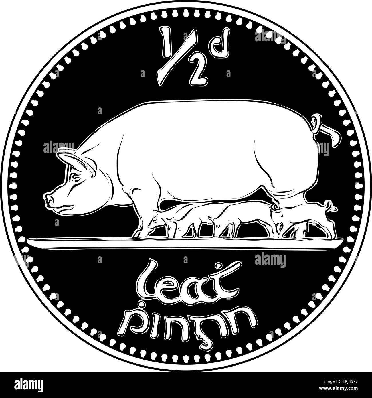Irish money pre decimal gold coin halfpenny with pigs on reverse black