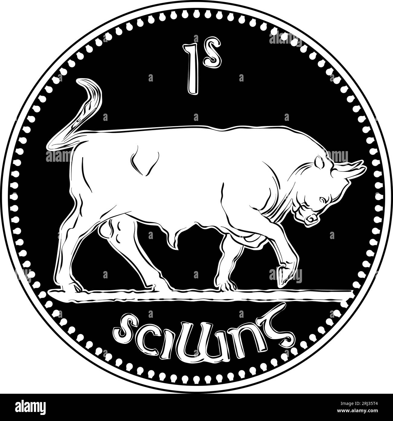 Irish money pre decimal shilling coin with bull on reverse black and