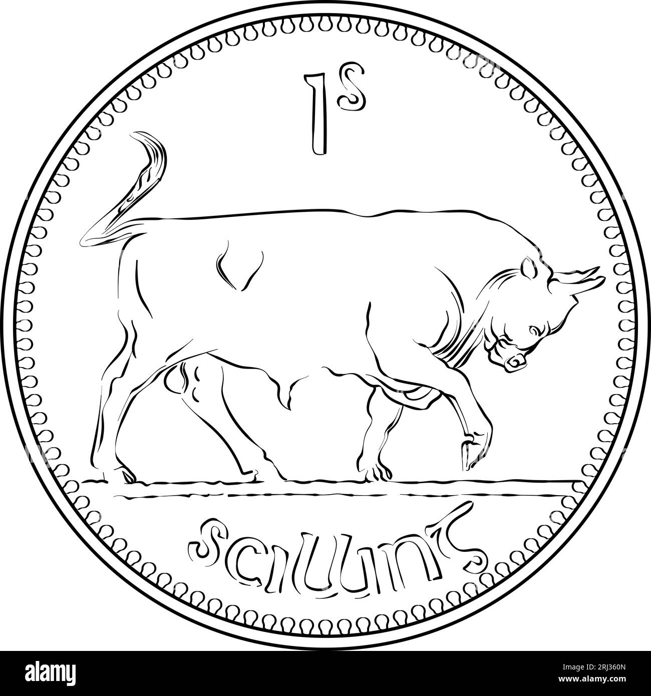 Irish money pre decimal shilling coin with bull on reverse black and