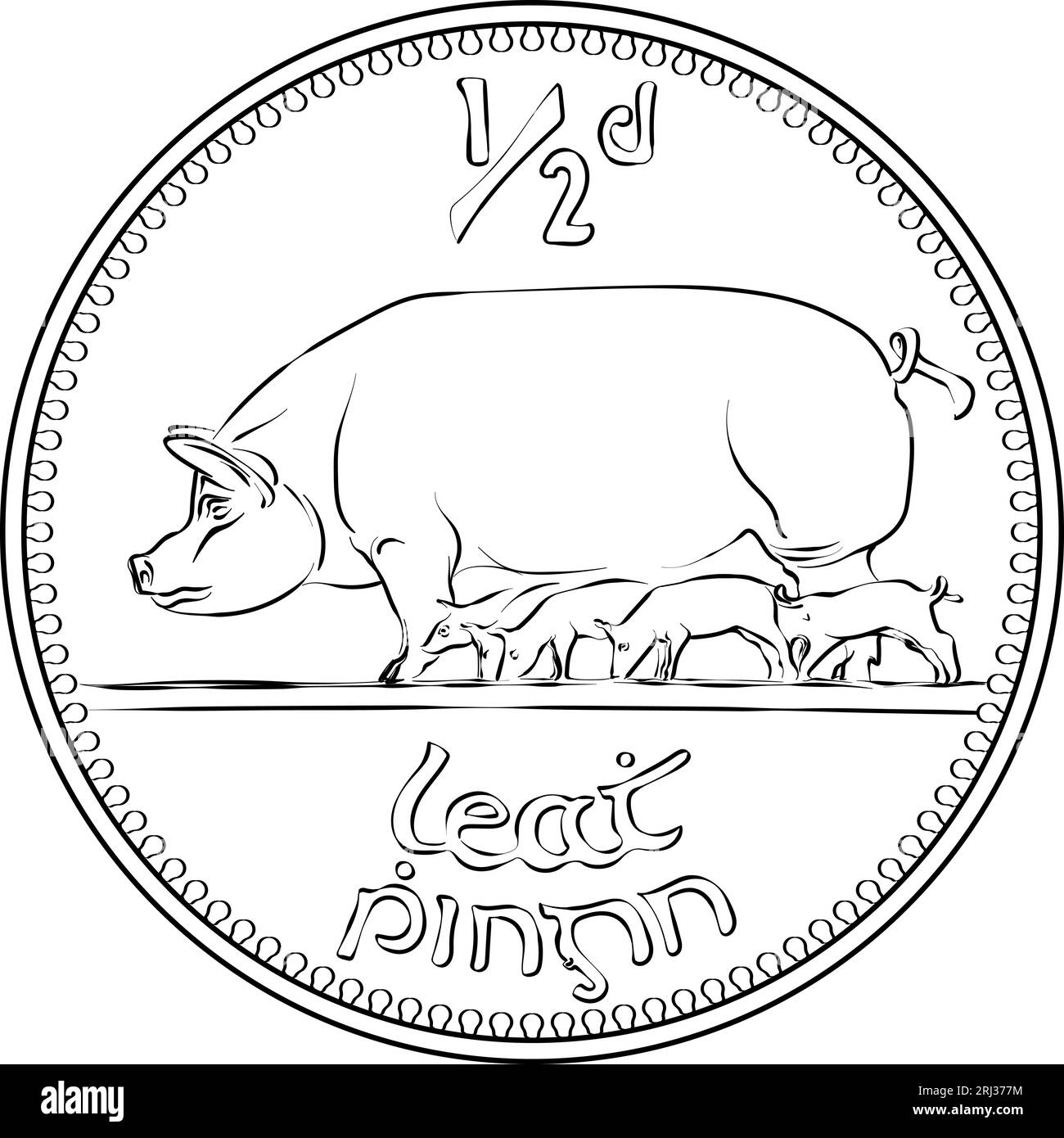 Irish money pre decimal gold coin halfpenny with pigs on reverse black