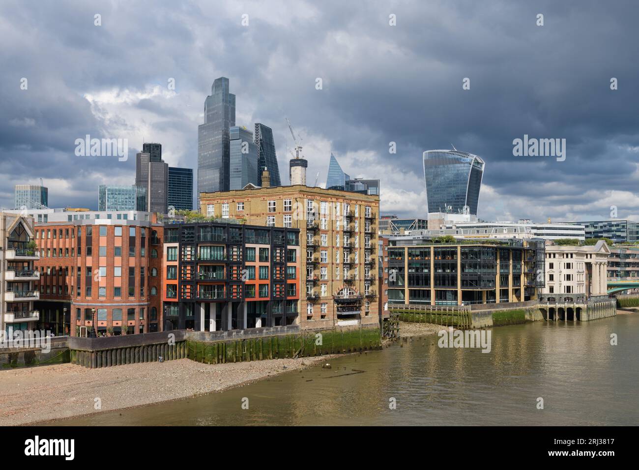 London, UK - July 28, 2023; Cityscape view of northbank of River Thames and beach in London Stock Photo