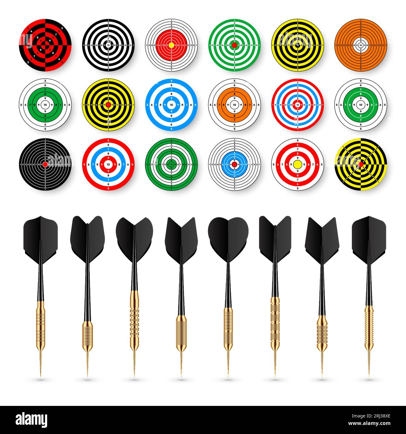 Paper targets with dart arrows and shadows. Shooting range round target, divisions, marks and numbers. Gun shooting practise and training, sport Stock Vector