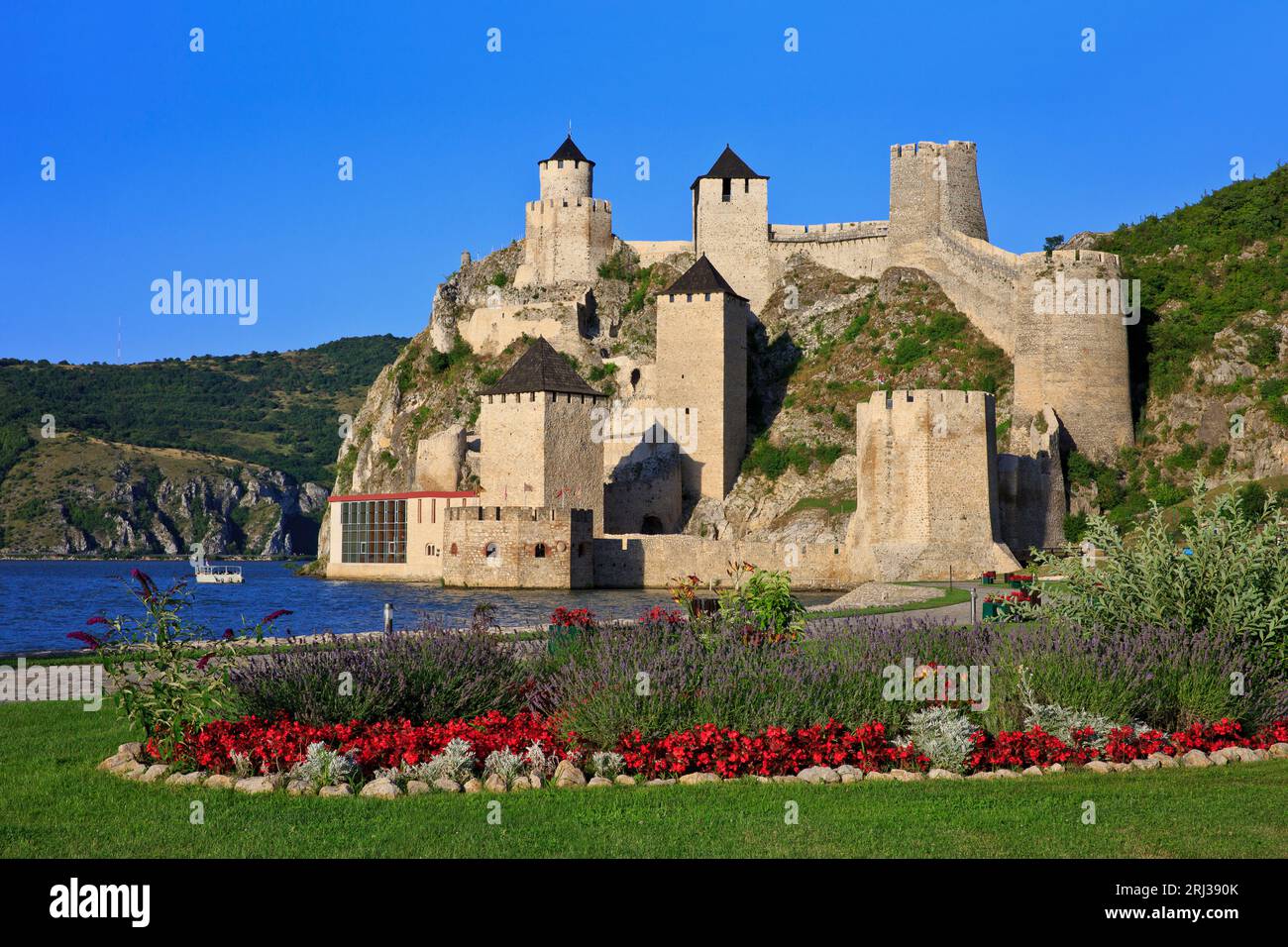 The medieval Golubac Fortress (14th century) in Golubac, Serbia on a beautiful summer evening Stock Photo