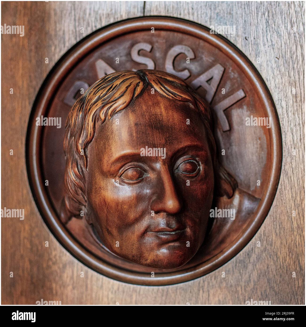 Wooden carving of Blaise Pascal, the French philosopher, inside Mansfield College, Oxford Stock Photo