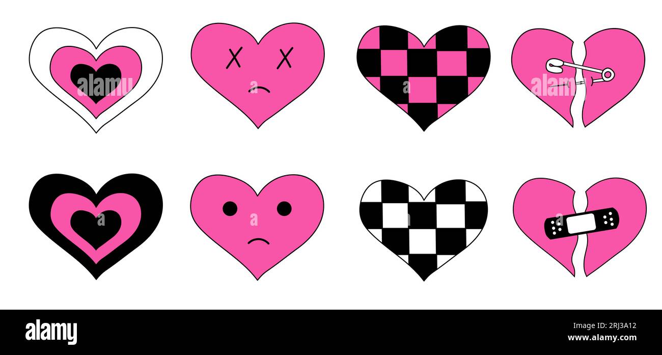 Collection hearts in emo style. Y2k. Black and pink set. Chessboard print. Broken heart with pin and patch. Vector flat illustration. Stock Vector