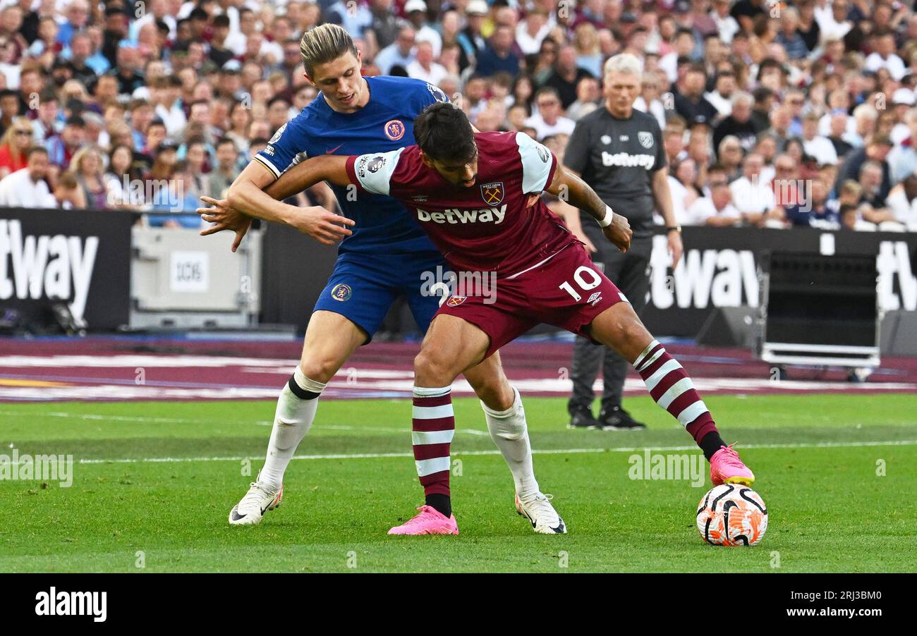 London, UK. 20th Aug, 2023. Conor Gallagher of Chelsea and Lucas Paqueta of West Ham Utd in action. Premier League match, West Ham Utd v Chelsea at the London Stadium, Queen Elizabeth Olympic Park in London on Sunday 20th August 2023 . this image may only be used for Editorial purposes. Editorial use only pic by Sandra Mailer/Andrew Orchard sports photography/Alamy Live news Credit: Andrew Orchard sports photography/Alamy Live News Stock Photo