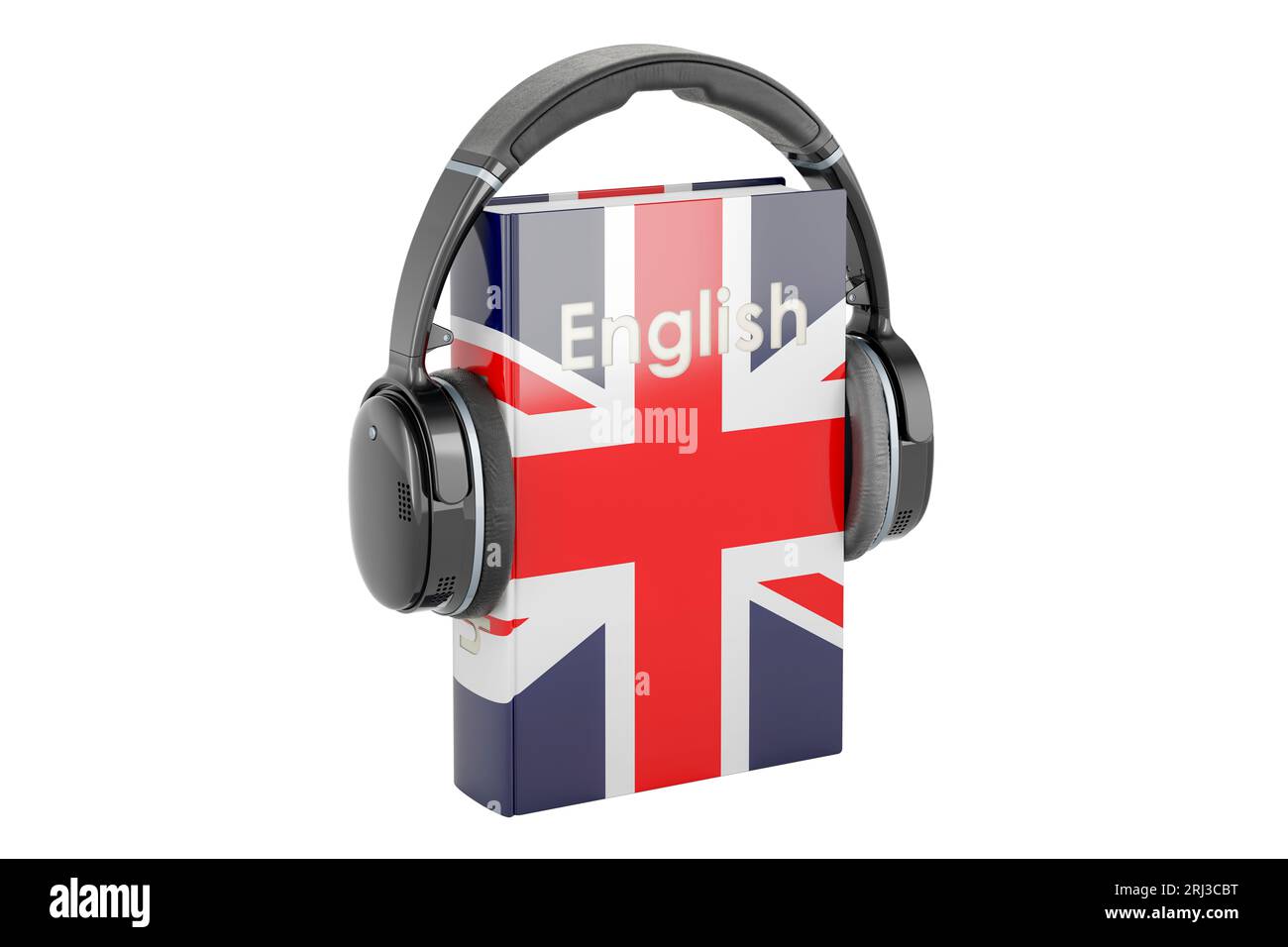English language textbook with headphones. Learn English language, 3D