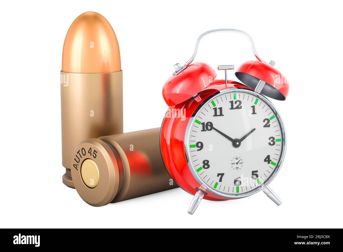 Pistol bullets with alarm clock, 3D rendering isolated on white ...