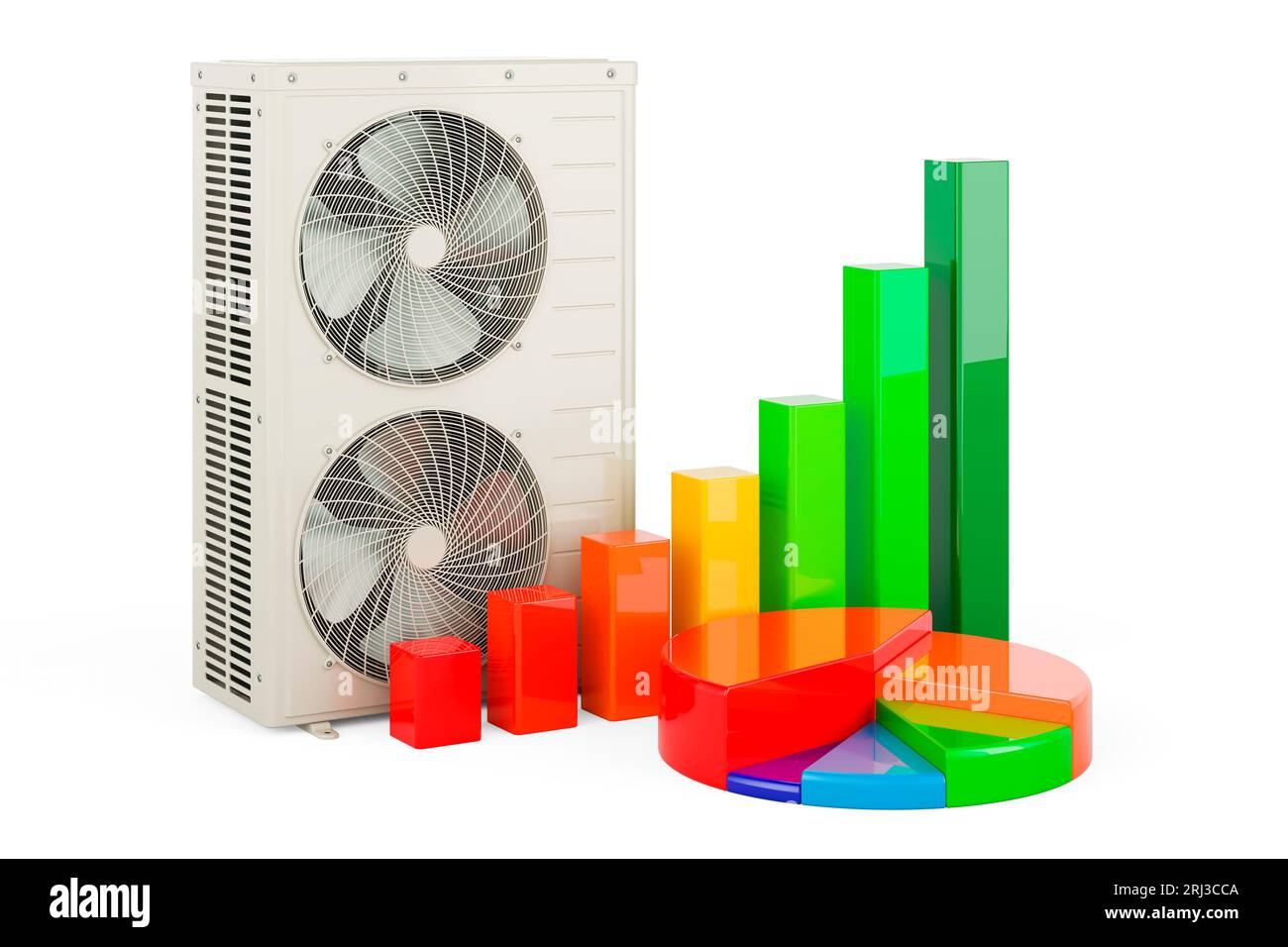 Outdoor Compressor MultiZone Unit, Air Conditioner with growth bar graph and pie chart, 3D