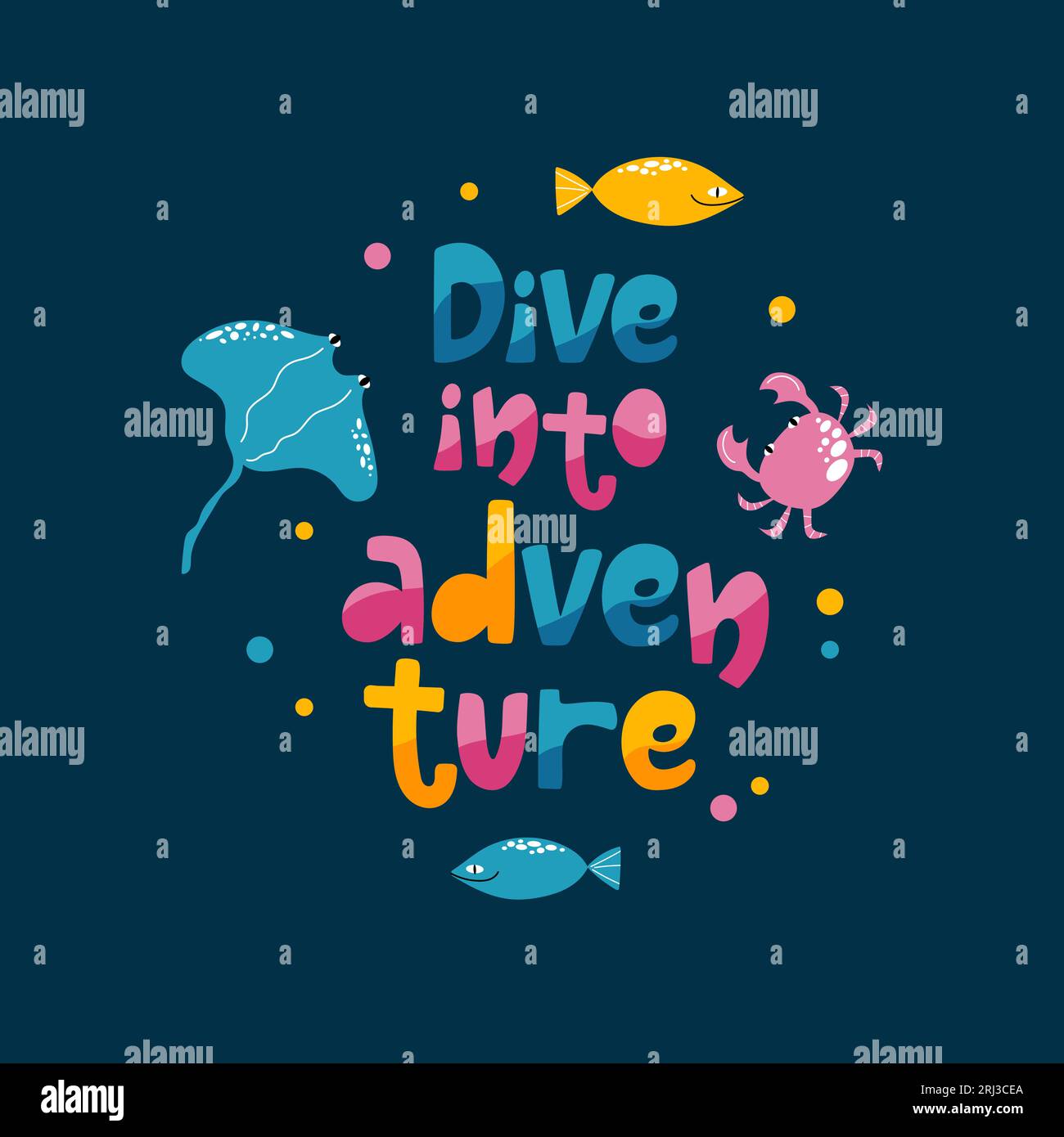 Dive into adventure colourful lettering design with sea animals Stock