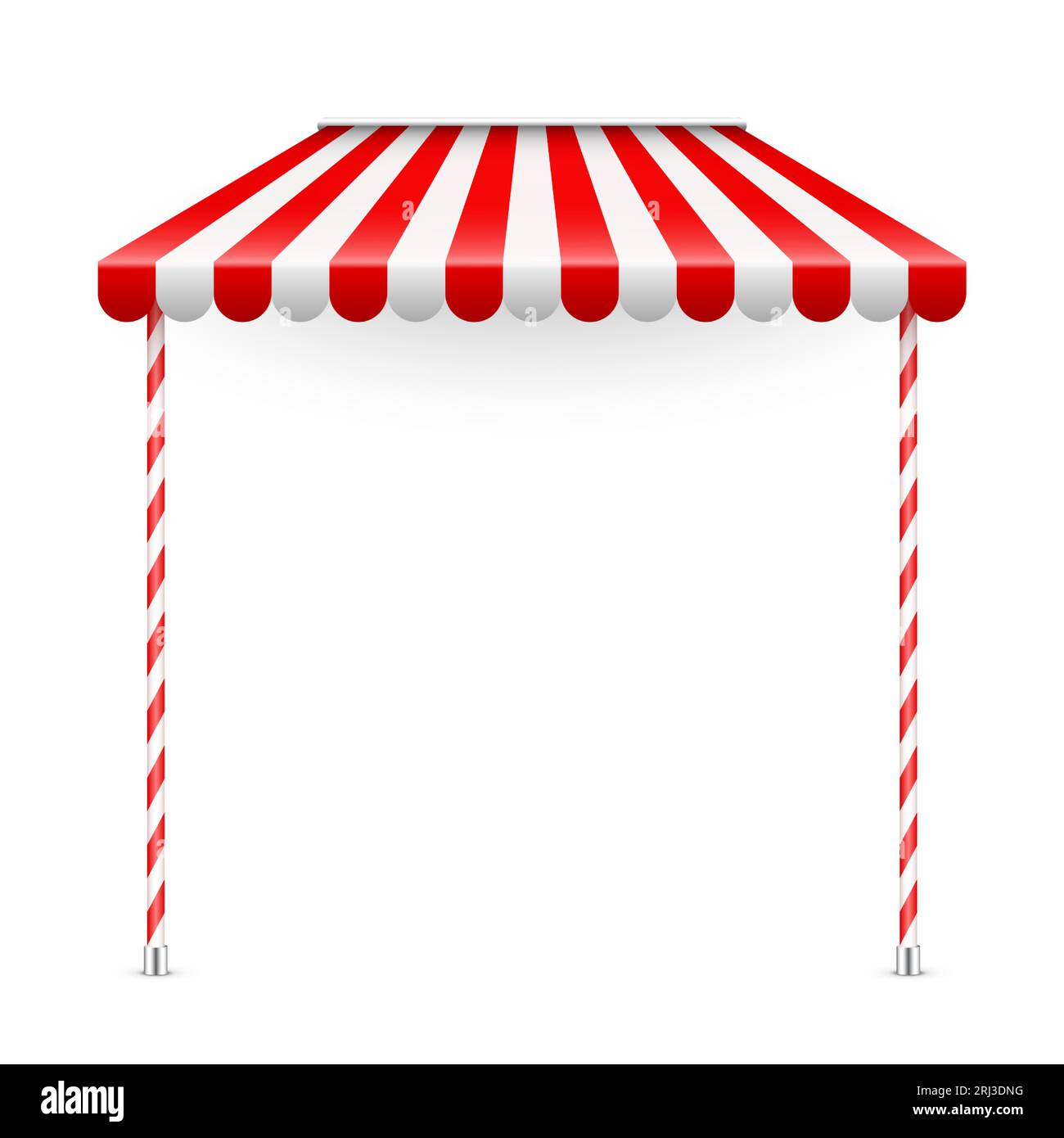 Red shop sunshade with stand holders. Realistic striped cafe awning