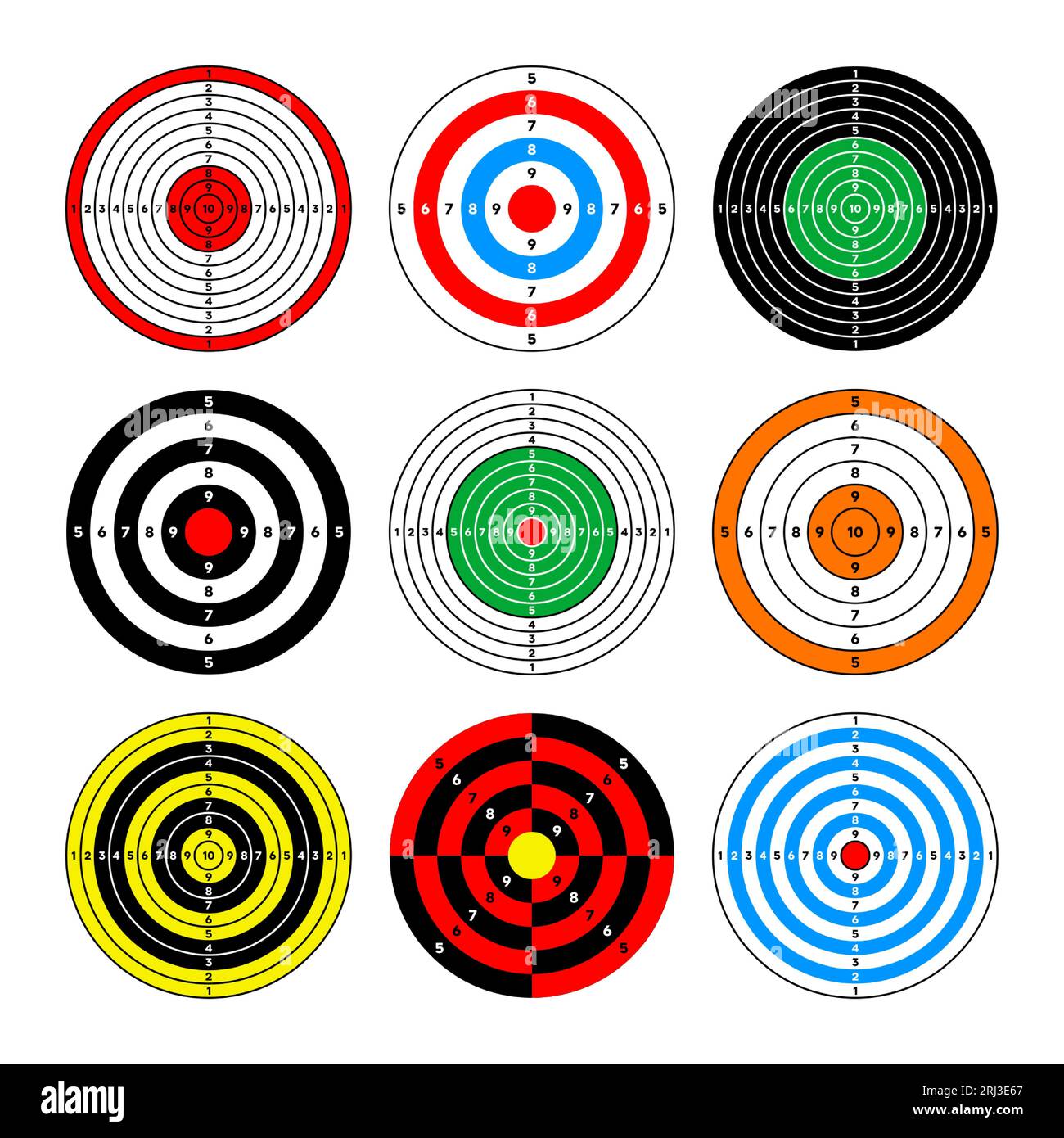 Shooting range paper targets. Round target with divisions, marks and numbers. Archery, gun shooting practise and training, sport competition and Stock Vector