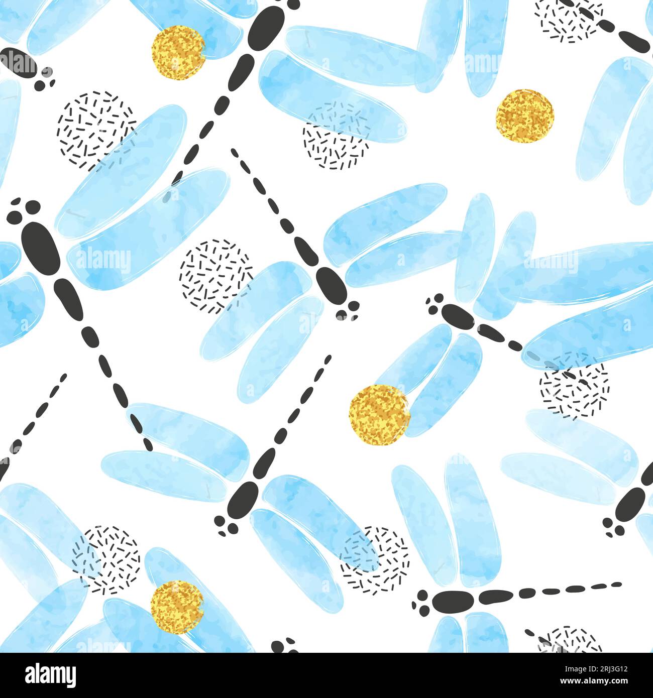 Seamless vector blue watercolor dragonfly pattern. Stock Vector