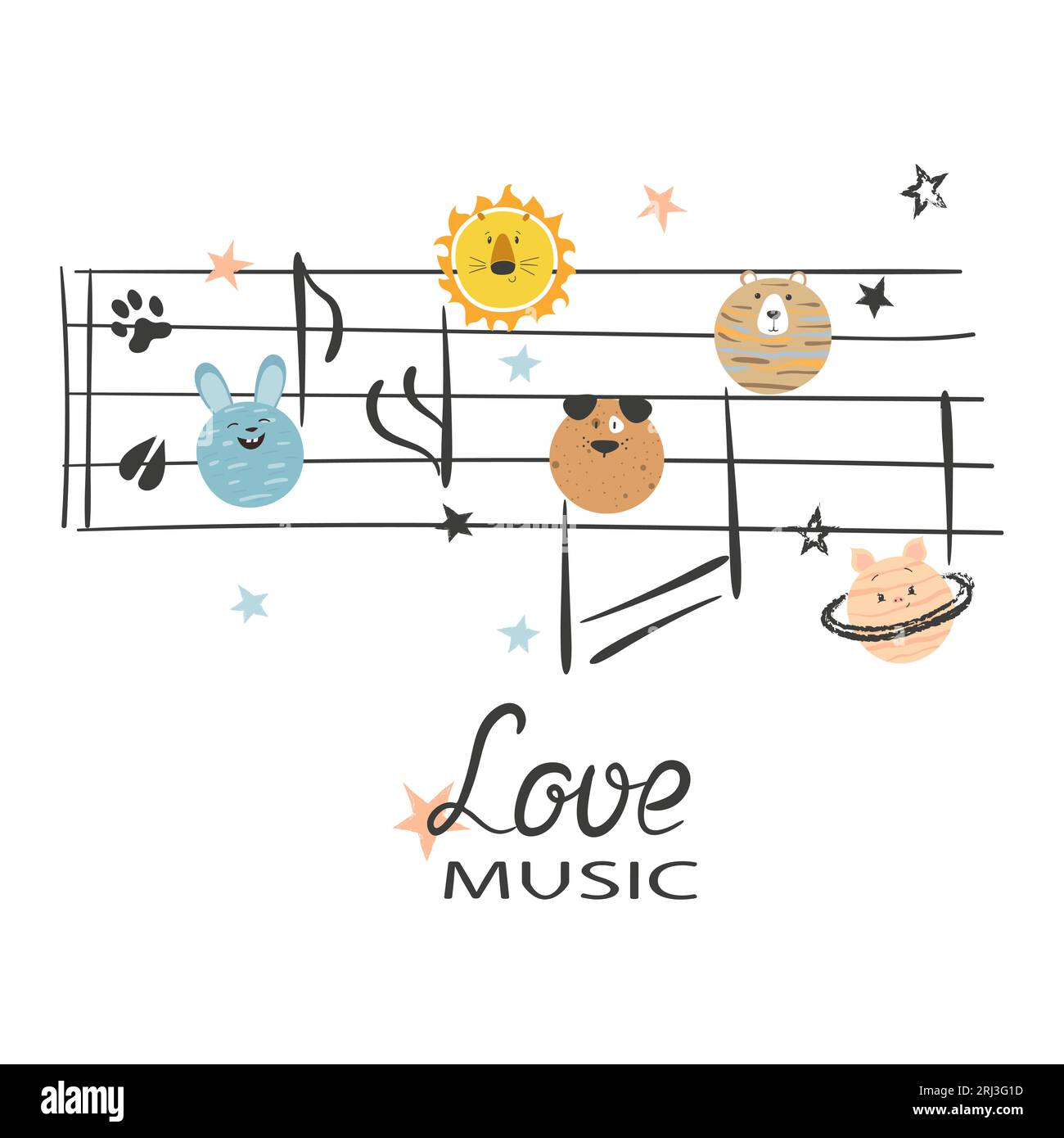 Music vector illustration with notes as animals for kids design, fashion, t-shirt print Stock Vector