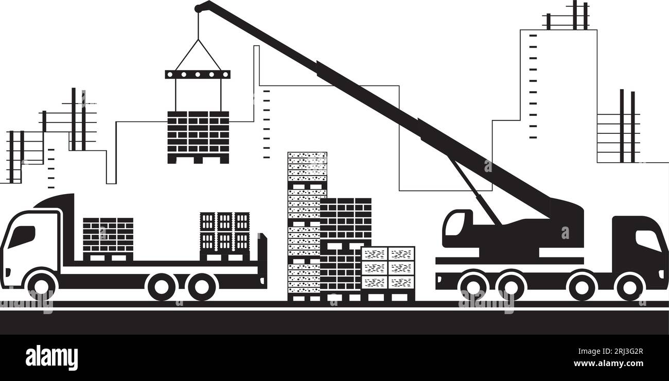 Crane unloads construction materials from  truck – vector illustration Stock Vector
