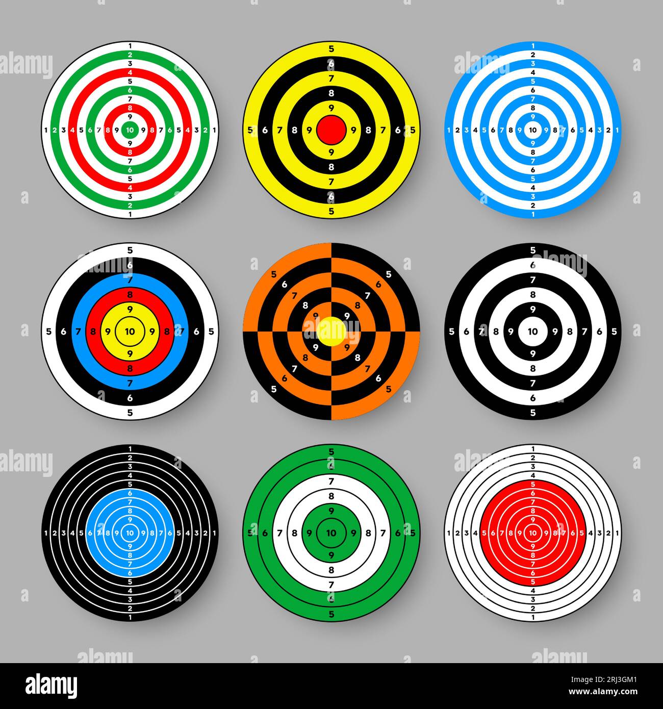 Shooting range paper targets. Round target with divisions, marks and numbers. Archery, gun shooting practise and training, sport competition and Stock Vector