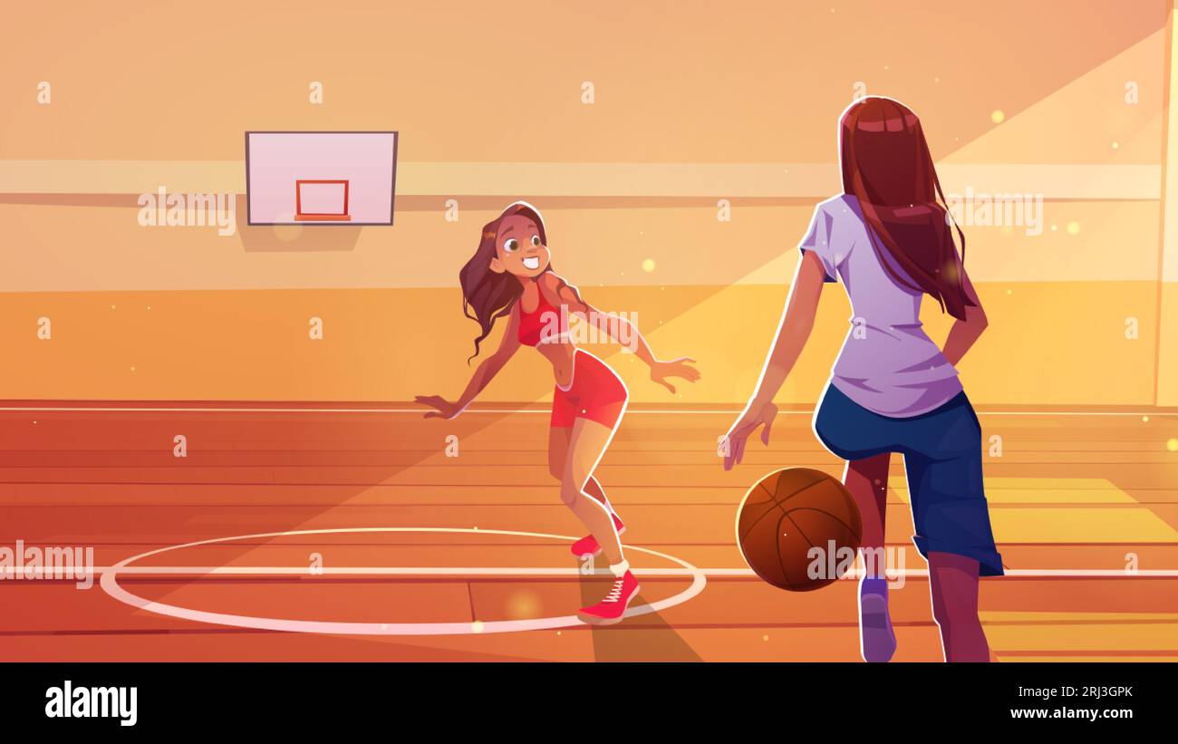 Girl play on school basketball court hall cartoon vector background