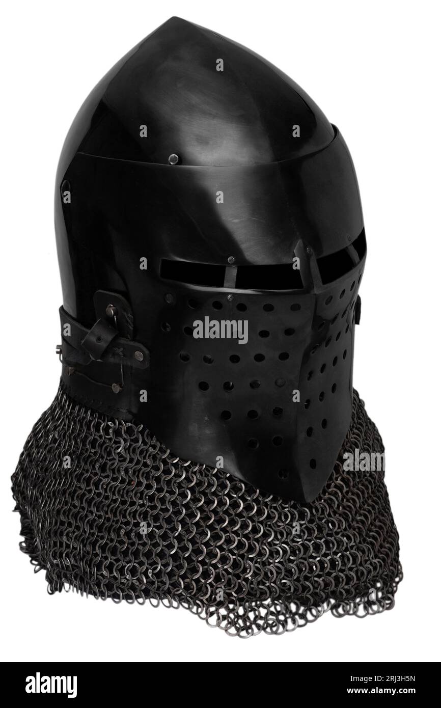Black knight helmet isolated on white background. Stock Photo