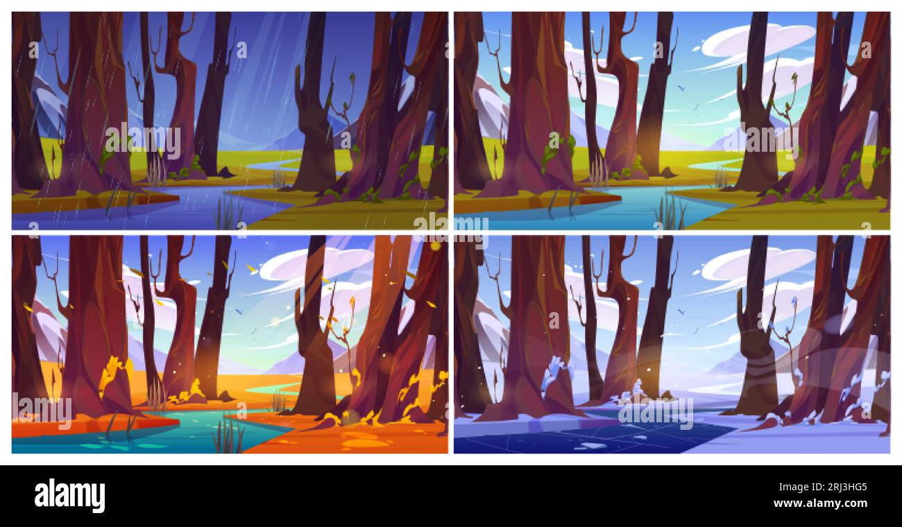 Four season set of mountain river flowing in forest. Vector cartoon ...