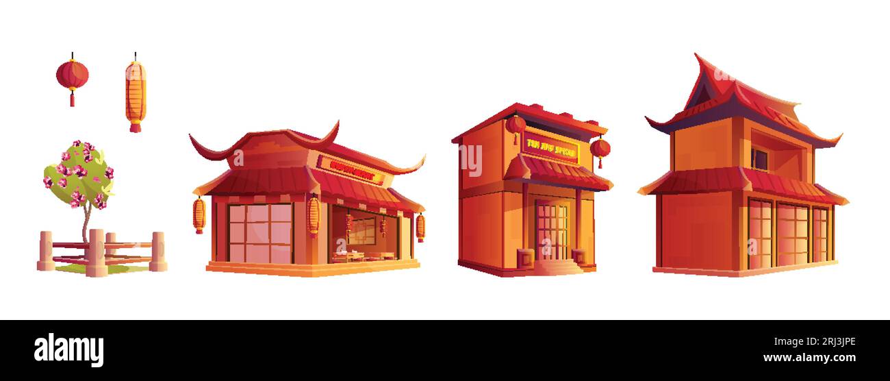 Chinese street restaurant building for town set. Cartoon japan shop and asian district cityscape isolated vintage business clipart decoration collecti Stock Vector