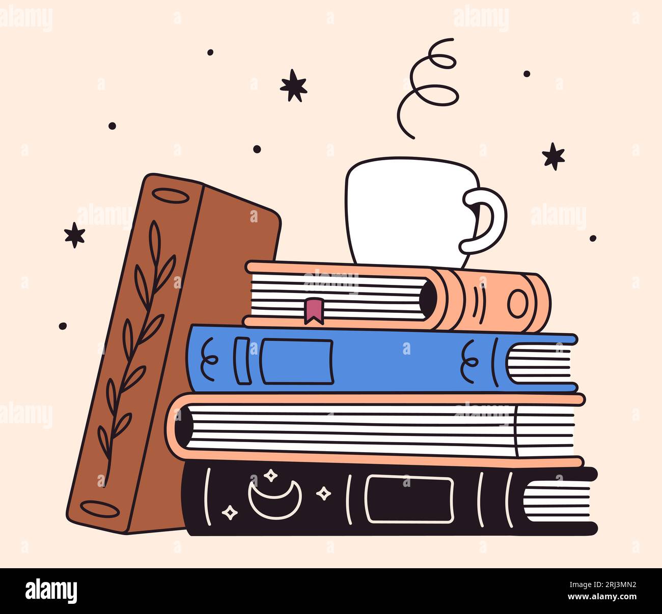 Stack of books and cup of coffee. Love reading vector illustration, simple line drawing. Stock Vector
